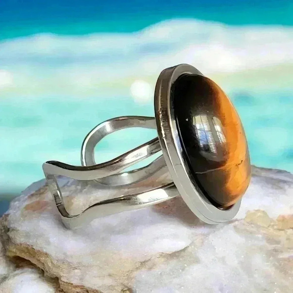 🆕️Boho Chic Tiger Eye Gemstone Ring - Adjustable Titanium Steel Tribal Style 🌟 - Picture 5 of 10